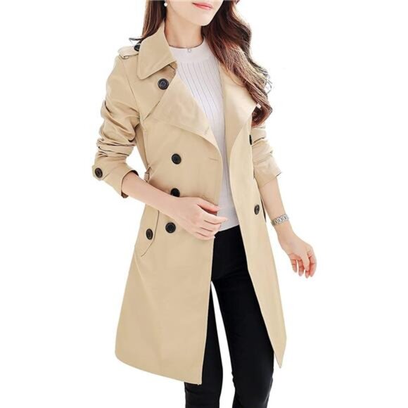 Women's Double-Breasted Trench Coat Classic Lapel Overcoat Slim - Picture 1 of 8